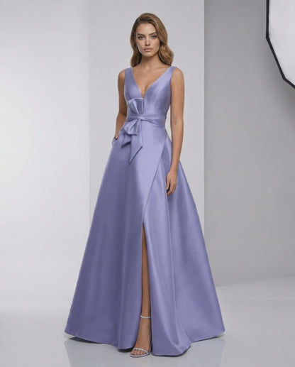 Solenne Maxi Dress in lavender satin, A-line V-neck, floor-length, elegant evening style, Lauven brand.