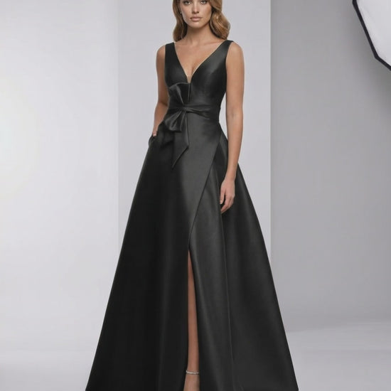 Noir Maxi Dress by Lauven, satin A-line V-neck, floor-length elegance with a sleek silhouette and refined aesthetic.