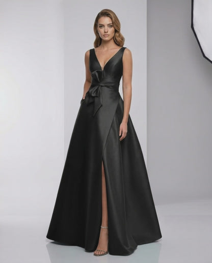 Noir Maxi Dress by Lauven, satin A-line V-neck, floor-length elegance with a sleek silhouette and refined aesthetic.
