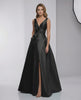 Noir Maxi Dress by Lauven, satin A-line V-neck, floor-length elegance with a sleek silhouette and refined aesthetic.