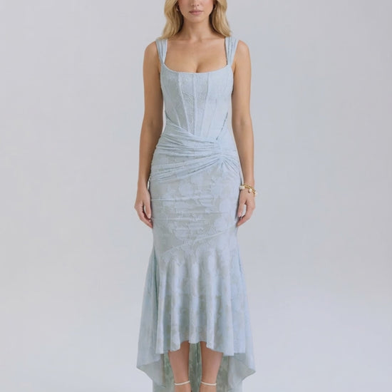 Celeste Maxi Dress by Lauven featuring an elegant square collar and jacquard fabric in pale blue.