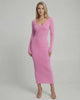 Luna Midi Dress in soft pink ribbed knit, featuring V-neckline, backless detail, and flattering silhouette by Lauven.