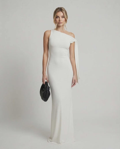 Elara Maxi Dress - Elegant one shoulder white maxi dress, floor length silhouette by Lauven, crafted for a refined look.