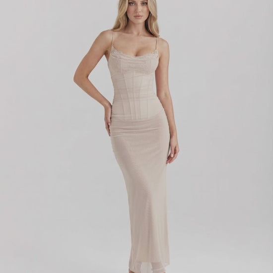Aurelia Maxi Dress - Beige Mesh Bodycon Dress with Lace Details and Slim Fit Silhouette by Lauven