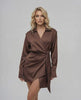 Sienna Mini Dress by Lauven - luxurious brown satin wrap dress with adjustable waist and flattering V-neckline