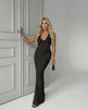 Calypso Maxi Dress showcasing a black knit design, deep V-neck, and ribbed texture by Lauven, perfect for day-to-night elegance.