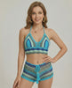 Celeste Two-Piece by Lauven, blue crochet bikini set with halter neck and high waist shorts, perfect for beach style.