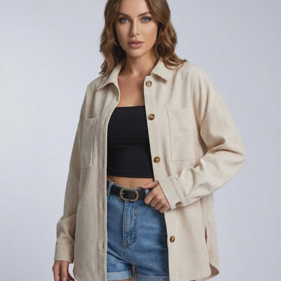 Monaco Jacket by Lauven – Women’s corduroy jacket with oversized silhouette and neutral tone.