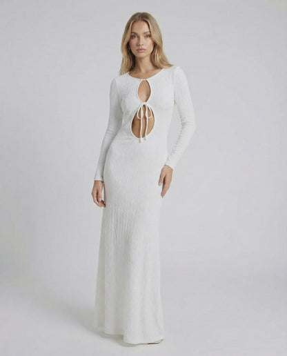 Serene Maxi Dress by Lauven in textured white cotton-polyester blend with elegant hollow-out details.