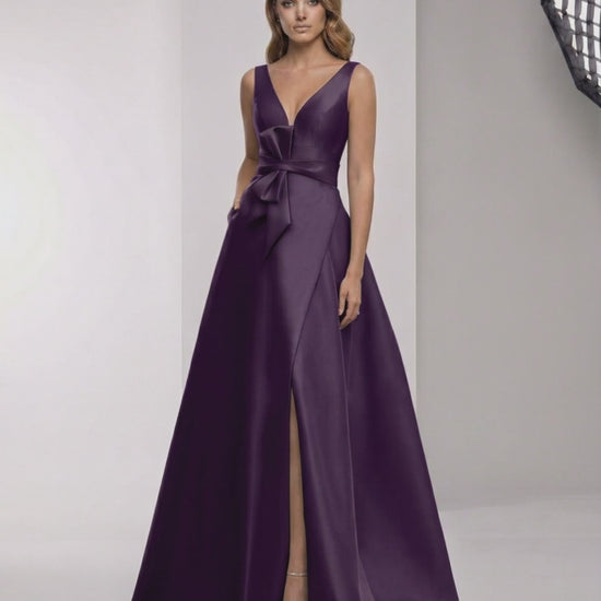 Celestia Maxi Dress - Purple satin A-line maxi with wrap slit and bow waist by Lauven, perfect for formal events.