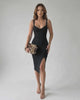 Nova Midi Dress – classic black sheath dress with side slit, from Lauven, blending elegance and comfort.