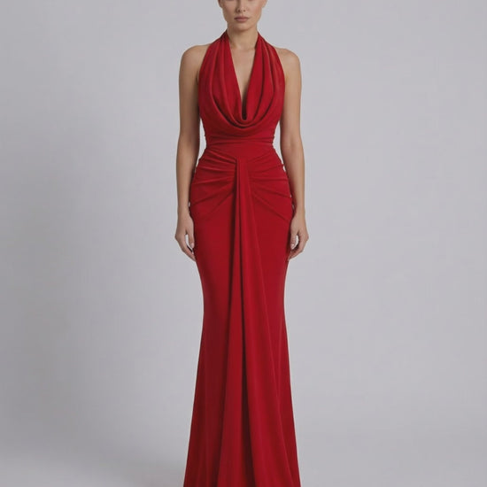 Celeste Maxi Dress by Lauven, elegant red satin silhouette designed for formal occasions.