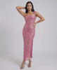 Mira Midi Dress by Lauven in pink sequined elegance with backless detail and chic square neckline.