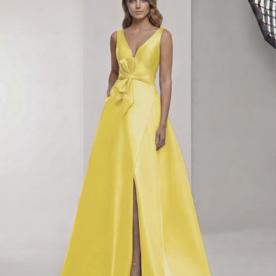 Solenne Maxi Dress – Yellow satin A-line with V-neck, bow detail; elegant and radiant from Lauven.