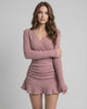 Lyra Mini Dress in Dusty Rose Ribbed Knit by Lauven, showcasing a V-neckline and a comfortable, stylish silhouette.