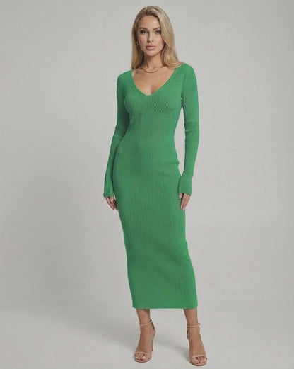 Ivy Midi Dress - Elegant green ribbed V-neck knit dress by Lauven, perfect for a stylish autumn and winter wardrobe.