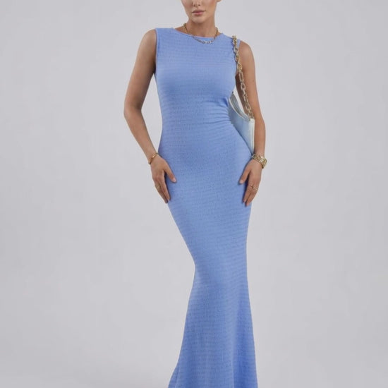 Celeste Maxi Dress by Lauven - Light blue sleeveless ankle-length dress with a slim fit and elegant O-neckline.