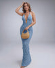 Lunara Maxi Dress featuring a halter V-neck, textured polyester, and a sleek silhouette from Lauven.