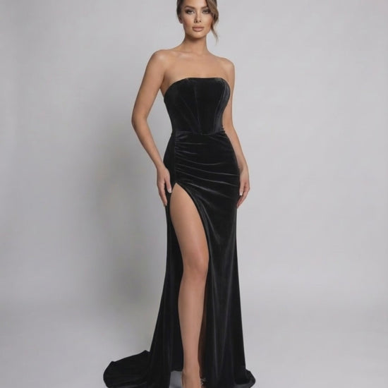 Noir Maxi Dress by Lauven, a stunning strapless velvet evening gown with a high slit and sleek sheath silhouette.