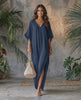 Solara Maxi Dress in navy chiffon, featuring a V-neck and relaxed silhouette, perfect for warm weather by Lauven.