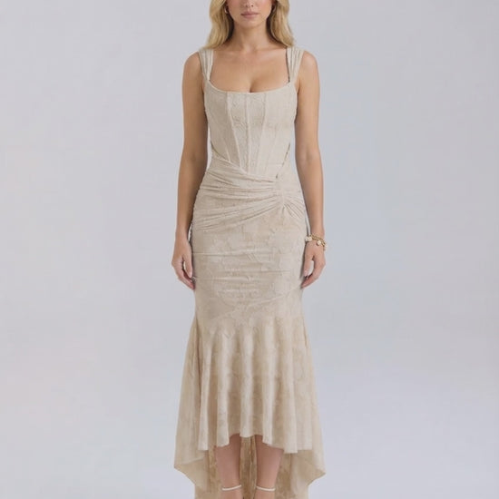 Sable Maxi Dress by Lauven featuring an elegant square neckline and pleated fish tail hem in soft nude tone.