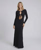 Elysian Maxi Dress by Lauven, elegant black cotton blend with hollow-out details and long sleeves.