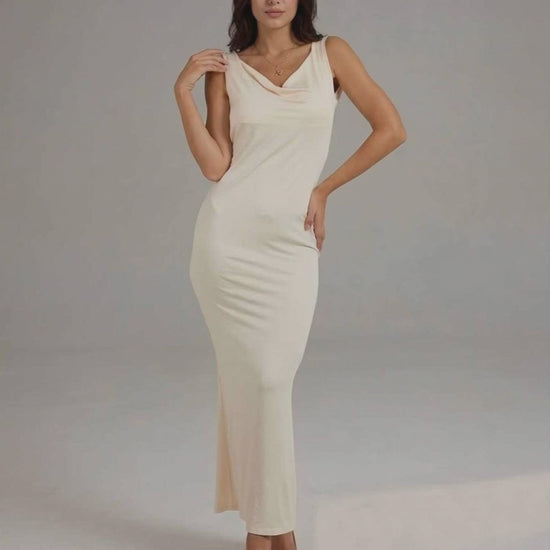 Celeste Maxi Dress, cream sleeveless cowl neck, flowing silhouette, by Lauven.