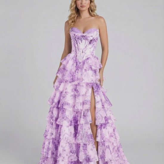 Violetta Maxi Dress by Lauven, elegant purple floral tiered chiffon gown with structured corset bodice and high slit.