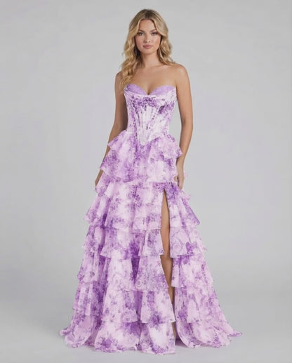 Violetta Maxi Dress by Lauven, elegant purple floral tiered chiffon gown with structured corset bodice and high slit.