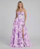 Violetta Maxi Dress by Lauven, elegant purple floral tiered chiffon gown with structured corset bodice and high slit.
