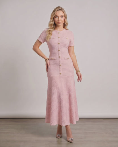 Aureline Maxi Dress by Lauven, textured knit with round neck, gently flared hem, smooth finish, ideal for modern wardrobes.