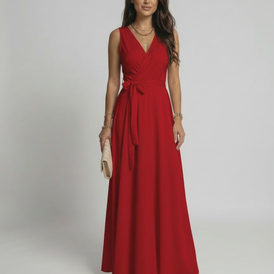 Ember Maxi Dress by Lauven in vibrant red with V-neckline and elegant silhouette.