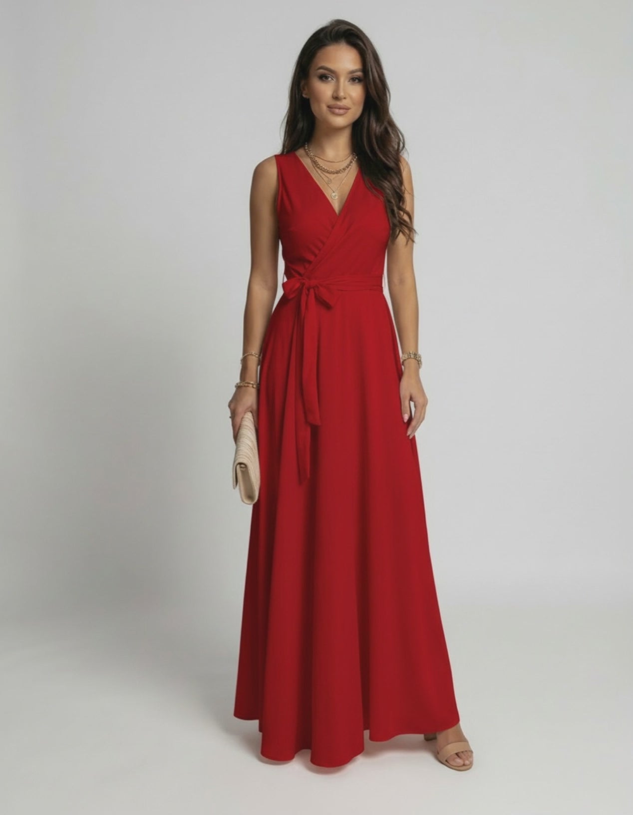 Ember Maxi Dress by Lauven in vibrant red with V-neckline and elegant silhouette.