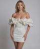 Valencia Mini Dress - White satin off shoulder dress with ruffle detail, structured fit by Lauven.
