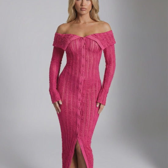 Elowen Midi Dress in vibrant pink, off shoulder neckline, long sleeve bodycon fit by Lauven, exuding elegance and bold femininity.