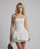 Sienna Mini Dress – Strapless ruched white mini dress with pouf skirt by Lauven, showcasing a chic and modern design.