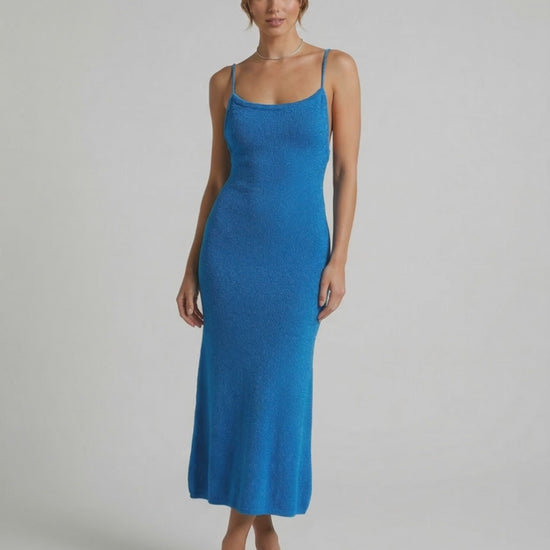 Azura Midi Dress by Lauven - Blue Spaghetti Strap Midi Dress showcasing a slim sheath silhouette.