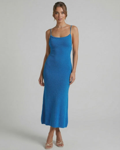 Azura Midi Dress by Lauven - Blue Spaghetti Strap Midi Dress showcasing a slim sheath silhouette.