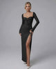 Celeste Maxi Dress by Lauven - Elegant black long sleeve dress with high slit and fitted silhouette.