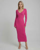 Vera Midi Dress in pink ribbed knit with V-neck, long sleeves for comfort and style by Lauven.