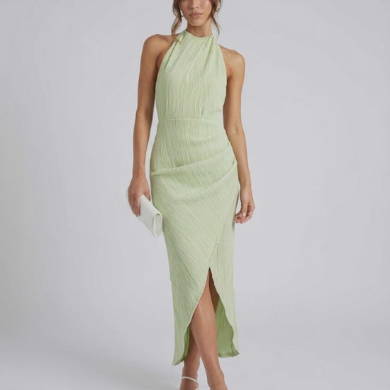Lauven Sylva Midi Dress features split pleated neckline and slim maxi silhouette, perfect for special occasions.
