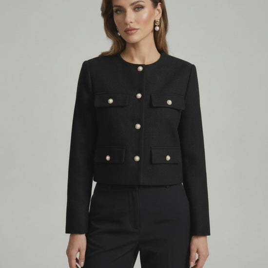 Noir Jacket by Lauven featuring a classic black wool blend with gold button details, tailored fit for women's fashion.