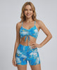 Azure Bliss Swimsuit by Lauven featuring a blue marble print, ruched top, and comfortable two-piece design.