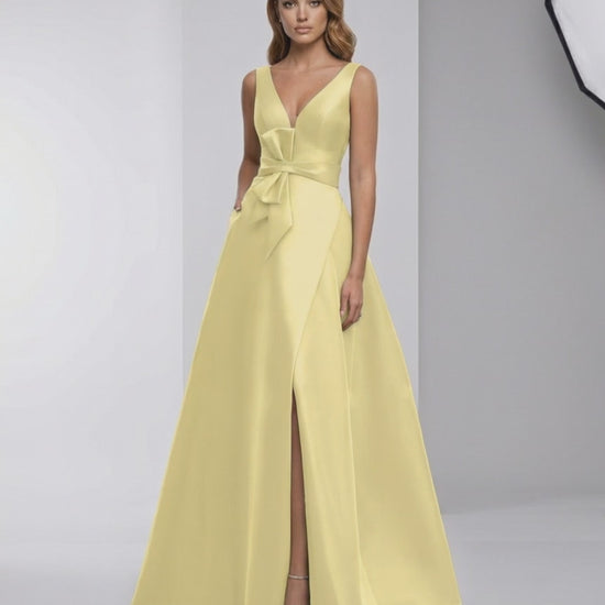 Lumia Maxi Dress – Satin A-Line V-Neck yellow evening dress by Lauven, featuring a graceful silhouette and elegant style.