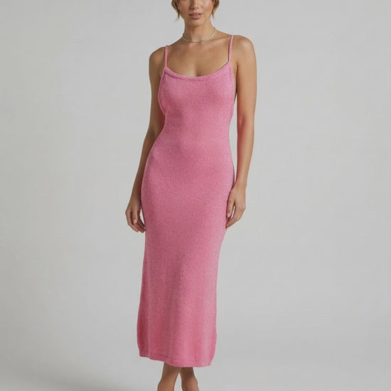 Rosalia Midi Dress by Lauven - Pink Spaghetti Strap Midi Dress showcasing a flattering slim silhouette.