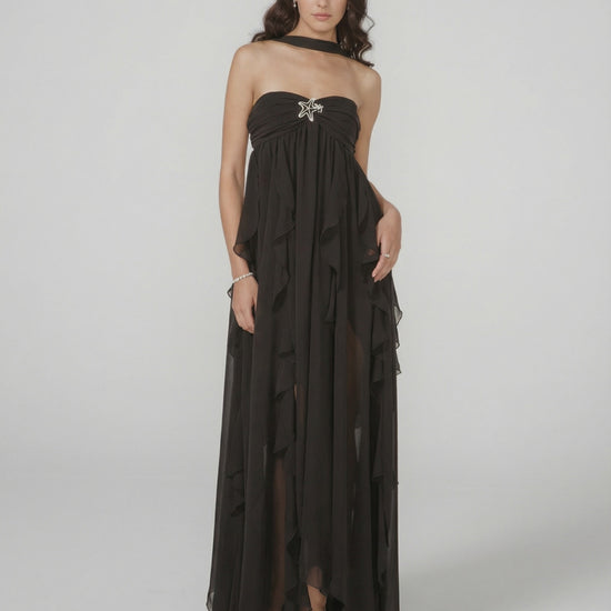 Stellara Maxi Dress by Lauven – Elegant strapless ankle-length gown with tassel detail and soft ruffled layers.