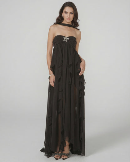 Stellara Maxi Dress by Lauven – Elegant strapless ankle-length gown with tassel detail and soft ruffled layers.