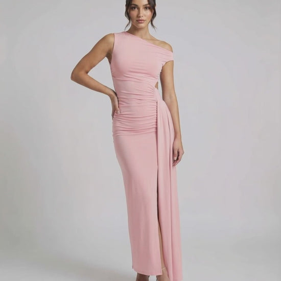 Velina Maxi Dress in pink with one shoulder design, ruched high waist, and elegant bodycon silhouette by Lauven.