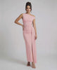 Velina Maxi Dress in pink with one shoulder design, ruched high waist, and elegant bodycon silhouette by Lauven.
