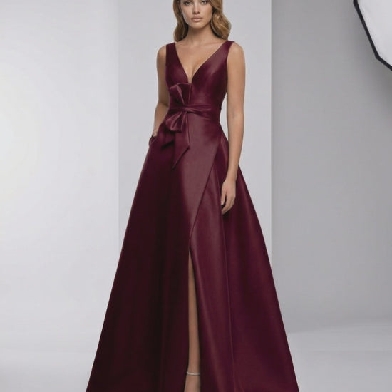 Verona Maxi Dress - Burgundy Satin A-Line V-Neck Evening Dress by Lauven, refined elegance with a deep V-neckline.